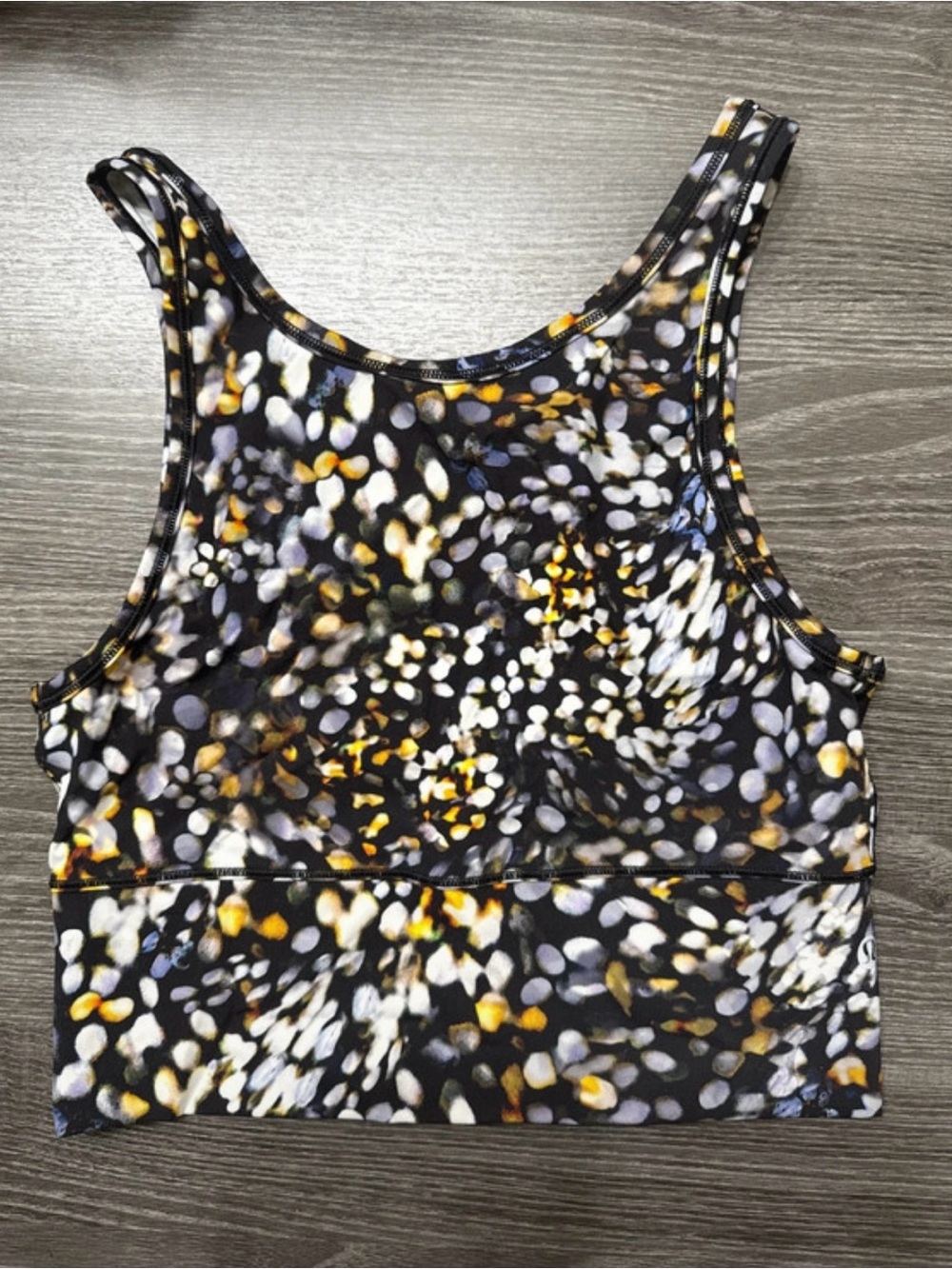 lululemon athletica Black Abstract Floral Crop Tank with Yellow & White Accents